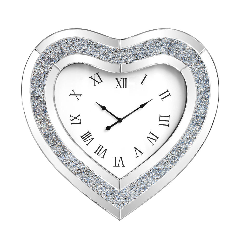 SHYFOY Deorative Wall Clock, 24 inch Heart-Shaped Mirror Wall Clock, Crushed Diamond Non-Ticking Wall Clocks for Bedroom