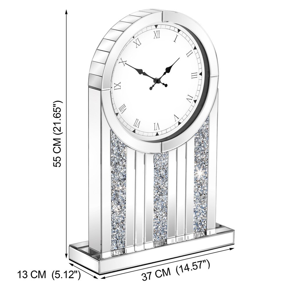 Luxury Mirrored Table Clock, 21.7 Inch Desk Clock with Crystal Accents, Silent Non-Ticking Decorative Desk Clock