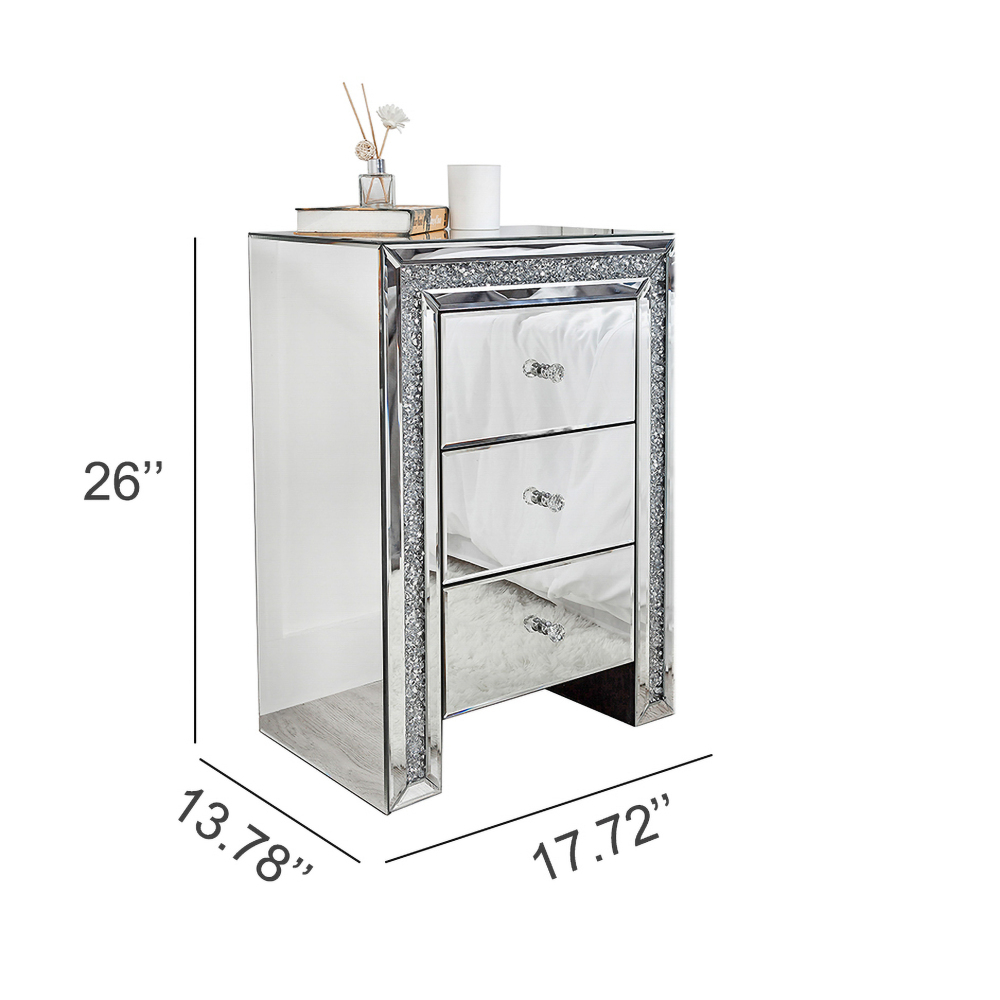 Mirrored Glass Nightstand with 3 Drawers, Crystal Handles, 27.16" H x 20.07" W x 13.78" D