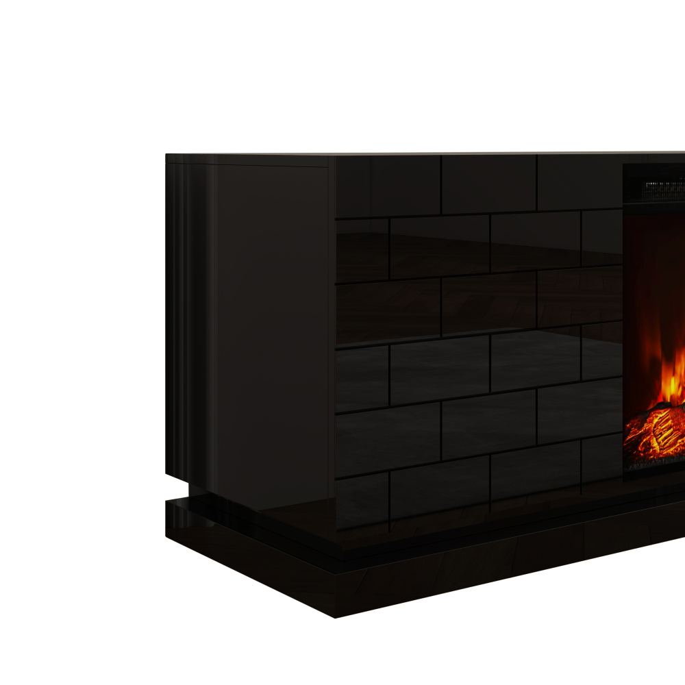 Modern TV Stand with Electric Fireplace, 63" High Gloss Black Entertainment Console with Brick Pattern Doors