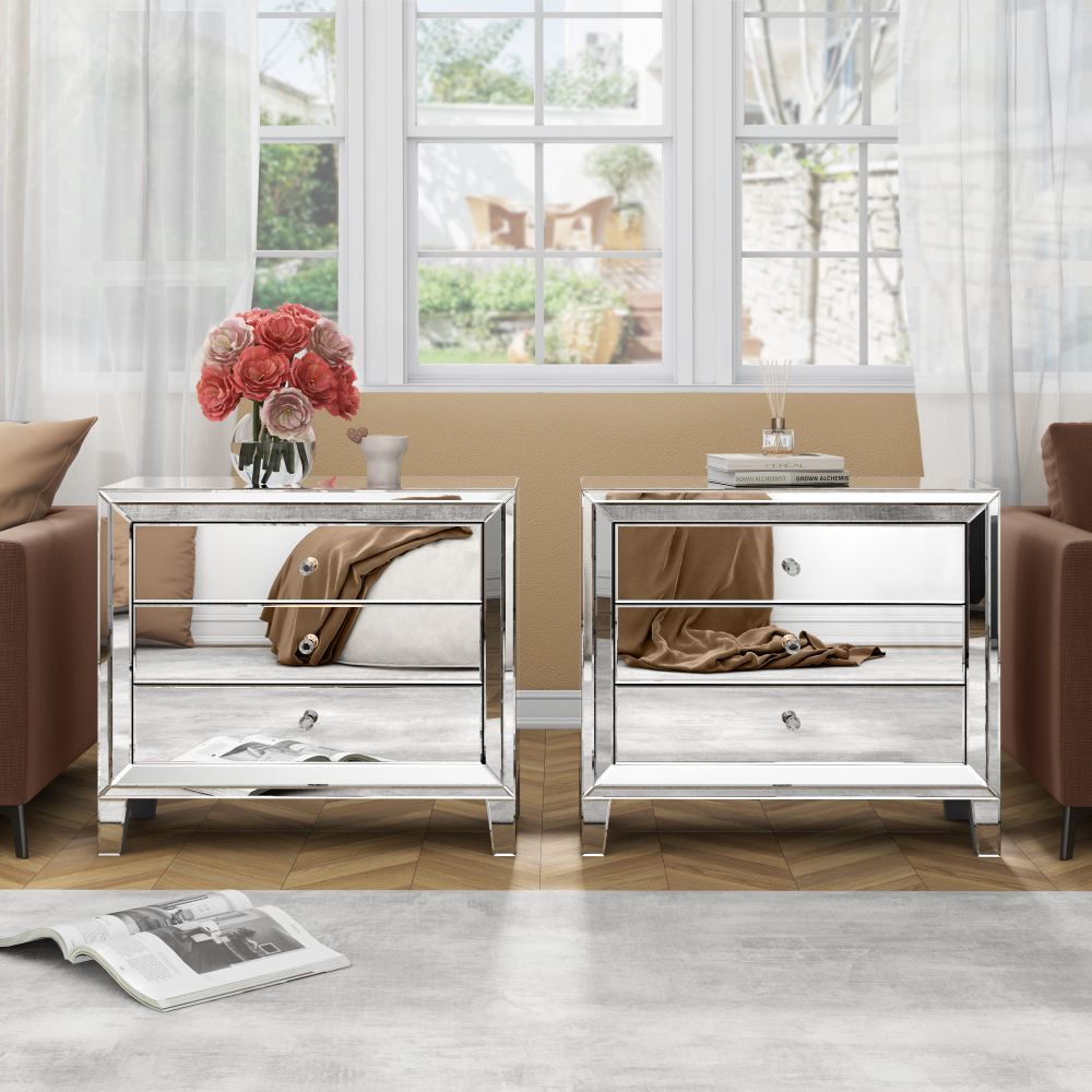 Mirrored Nightstand with 3 Drawers, Silver Glass Bedside Table with Crystal Handles