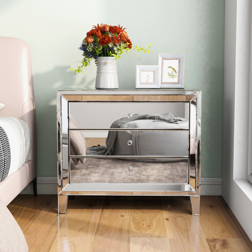 Mirrored Nightstand with 3 Drawers, Silver Glass Bedside Table with Crystal Handles