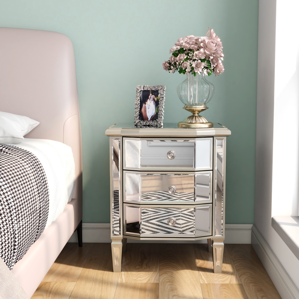 SHYFOY 23.62" Mirror Glass 3-Drawers Vintage Border Nightstand / SF-BT124