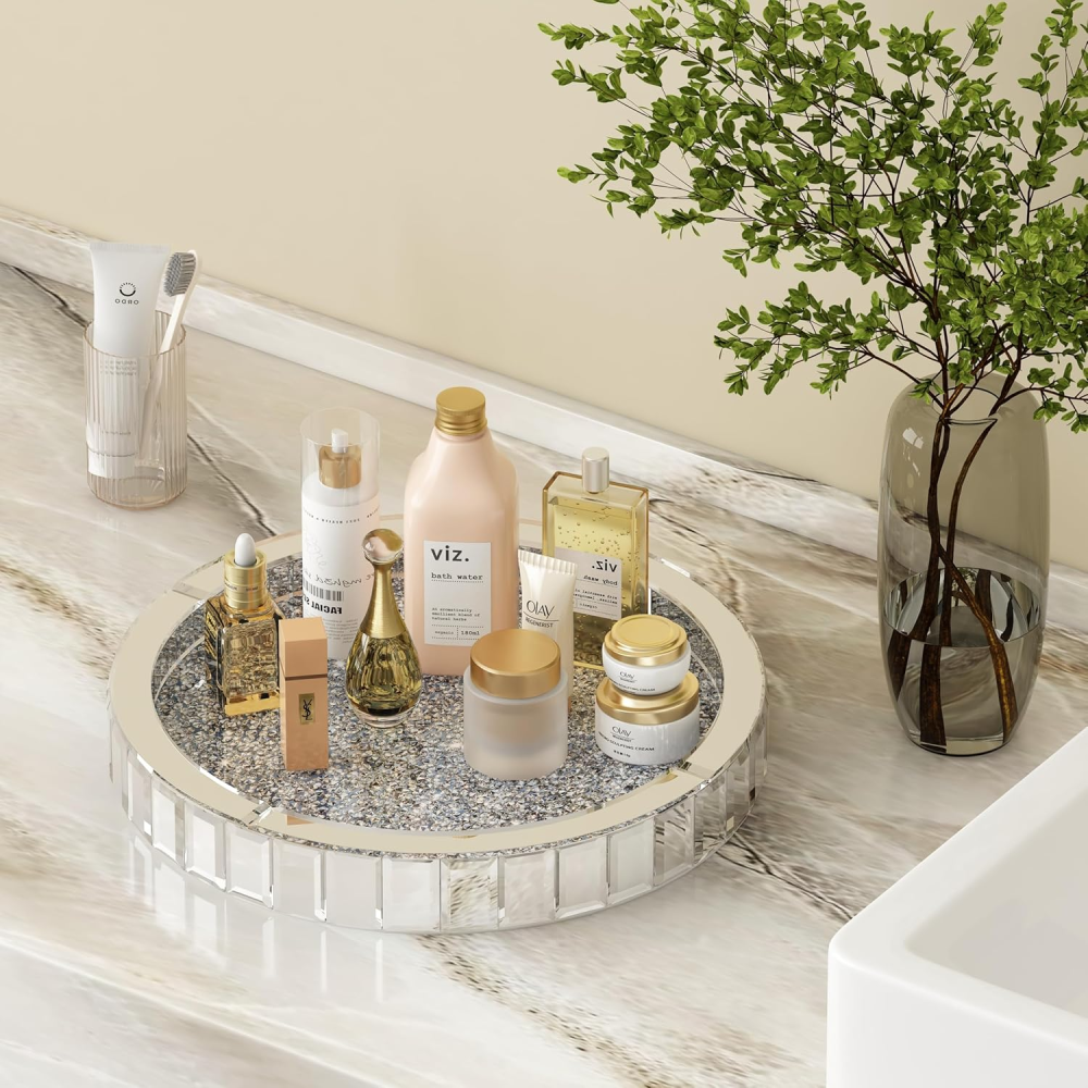 SHYFOY Luxury Round Glass Mirror Tray fills with Crushed Diamond| Bling Perfume Organizer for Dining room Table / SF-MP007