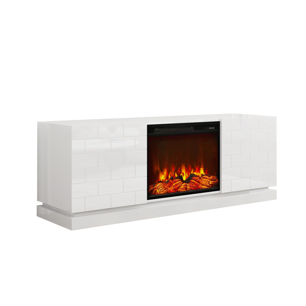 63" TV Stand with Electric Fireplace, Modern White High Gloss Entertainment Center with Brick Pattern Doors