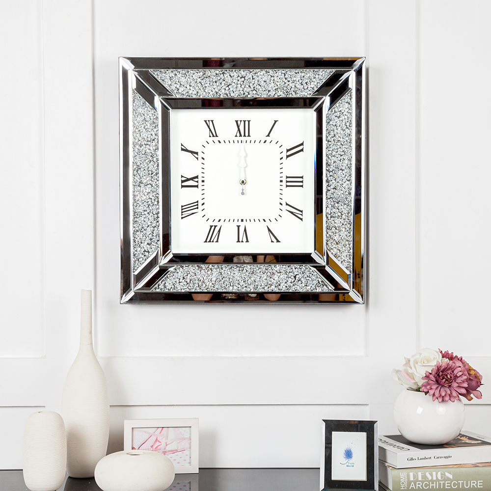 SHYFOY  24in Crushed Diamond Inlay Mirrored Large Clock /SF-MC039-60