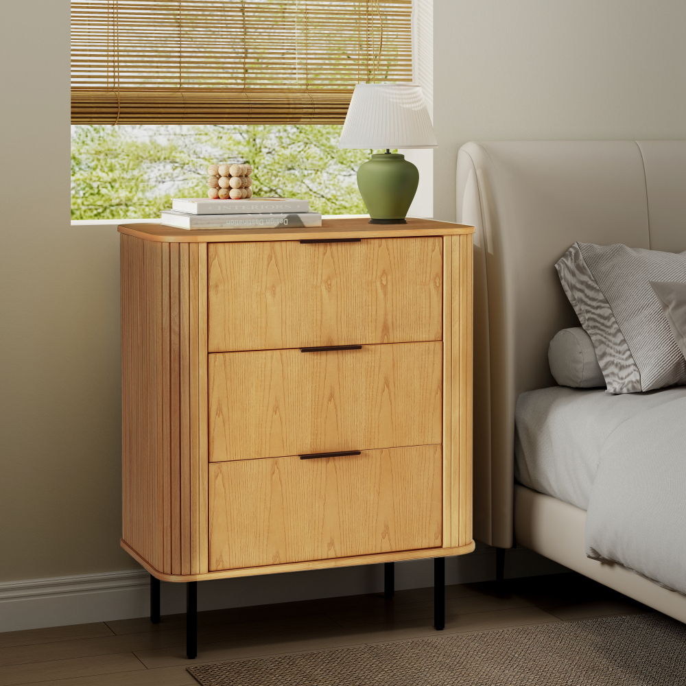 32" Large Fluted Nightstand, Solid Rubber Wood Veneer with 3 Large Storage Drawers