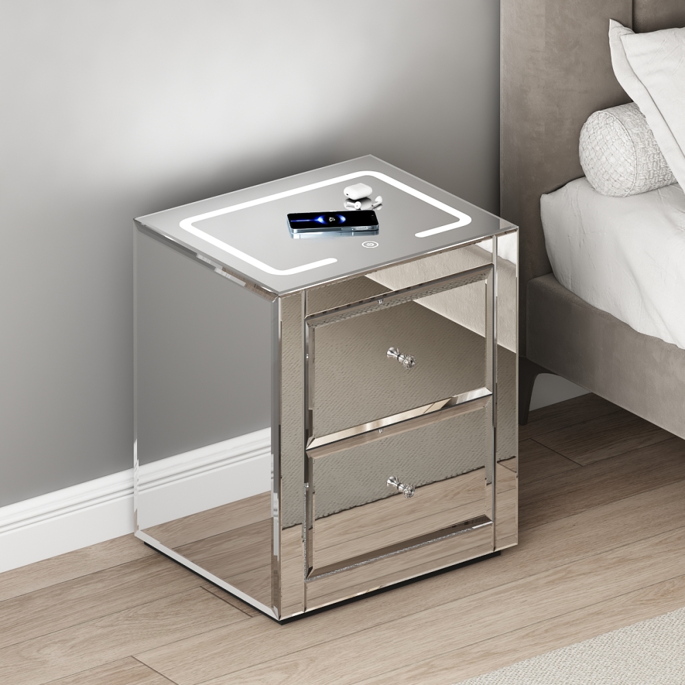 Nightstand Mirror Glass Top with Wireless Charging Station LED Light