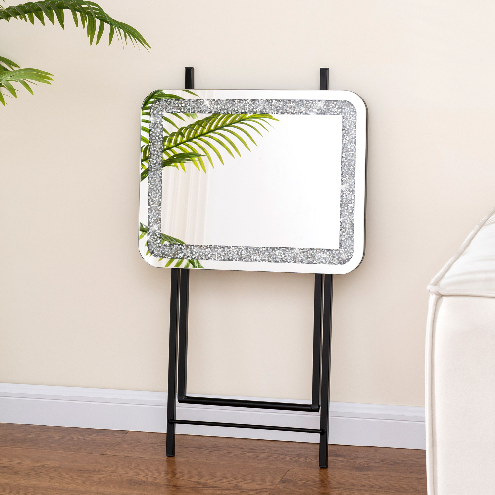 Mirrored End Table Crushed Diamond Folding TV Dinner Table Tray, Portable Sofa Side Table