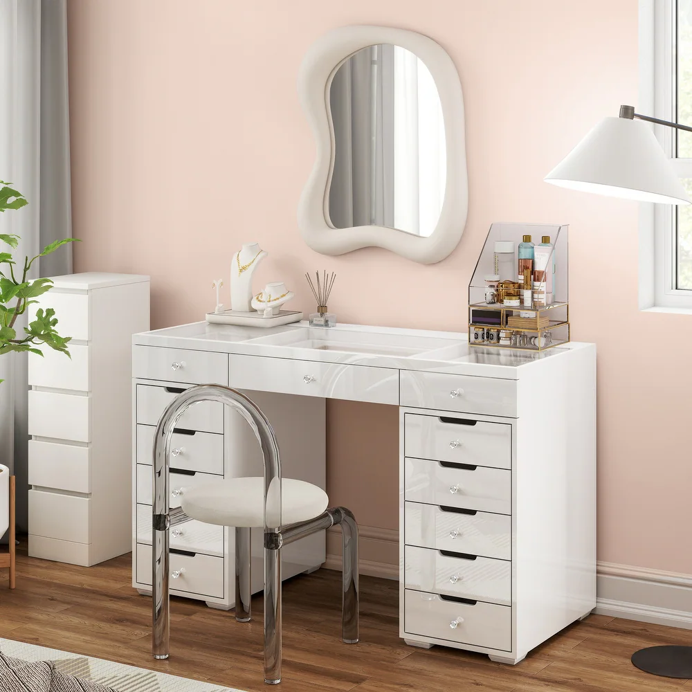 SHYFOY Glossy White Dressing Vanity Table Makeup Desk with 13-Drawer