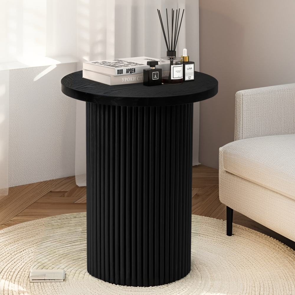 Side Tables Living Room, Modern Drum End Table, 18 inch Wide Black Accent Table