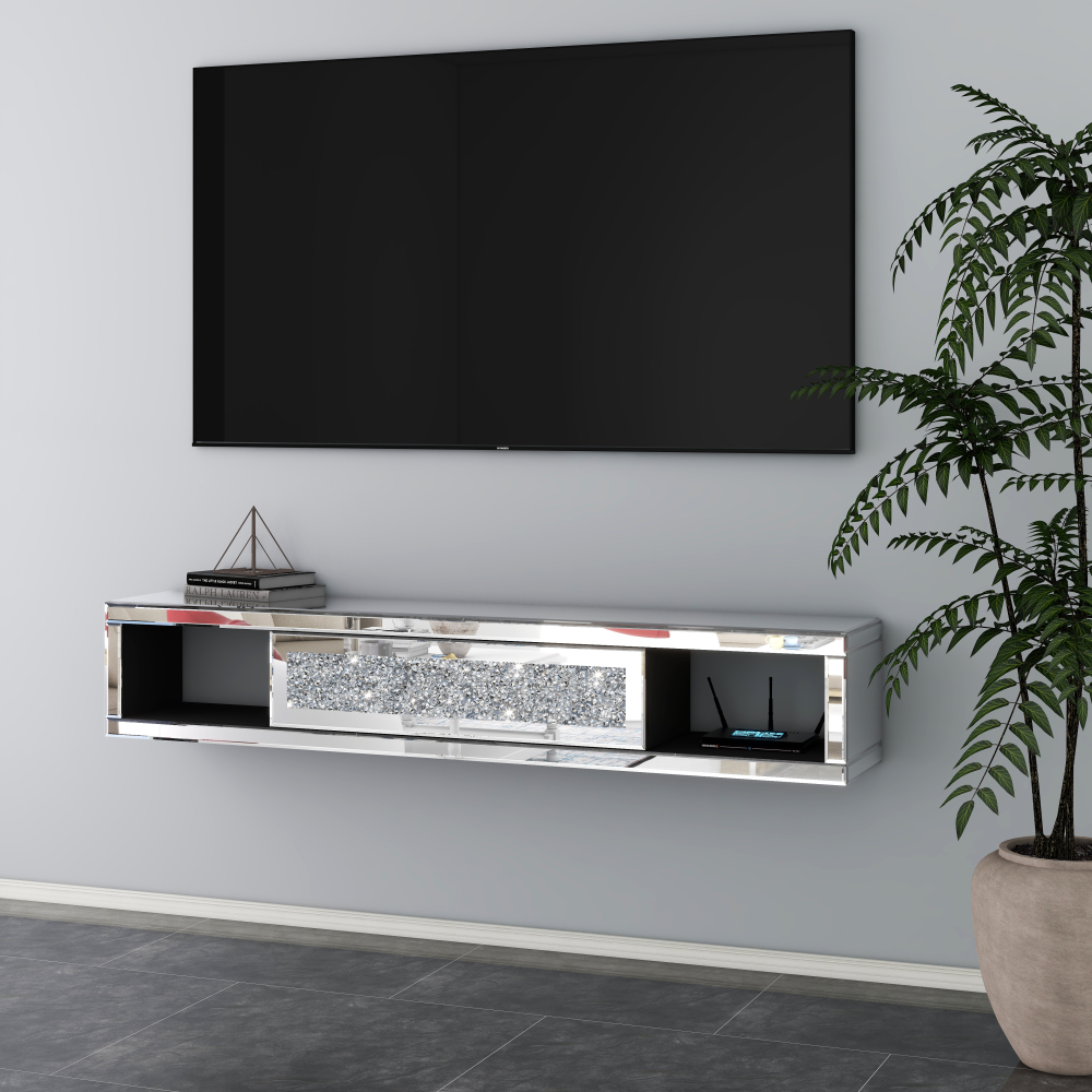 47 1/2" Mirrored Floating TV Shelf Crushed Diamonds Wall Mounted