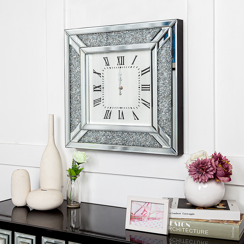 SHYFOY  24in Crushed Diamond Inlay Mirrored Large Clock /SF-MC039-60