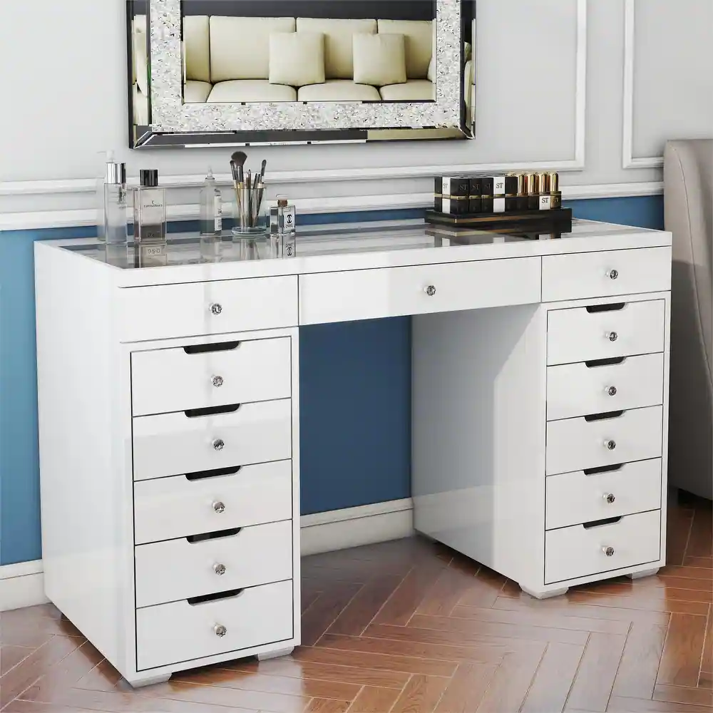 SHYFOY Glossy White Dressing Vanity Table Makeup Desk with 13-Drawer