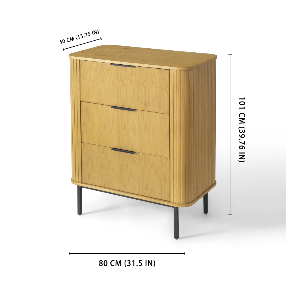 32" Large Fluted Nightstand, Solid Rubber Wood Veneer with 3 Large Storage Drawers