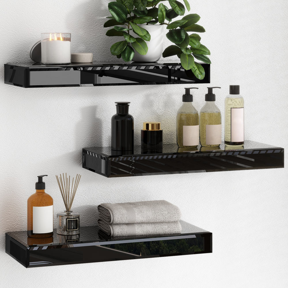 Mirrored Floating Shelves for Wall, Set of 3 Glass Wall Mounted Shelves for Bathroom Decor