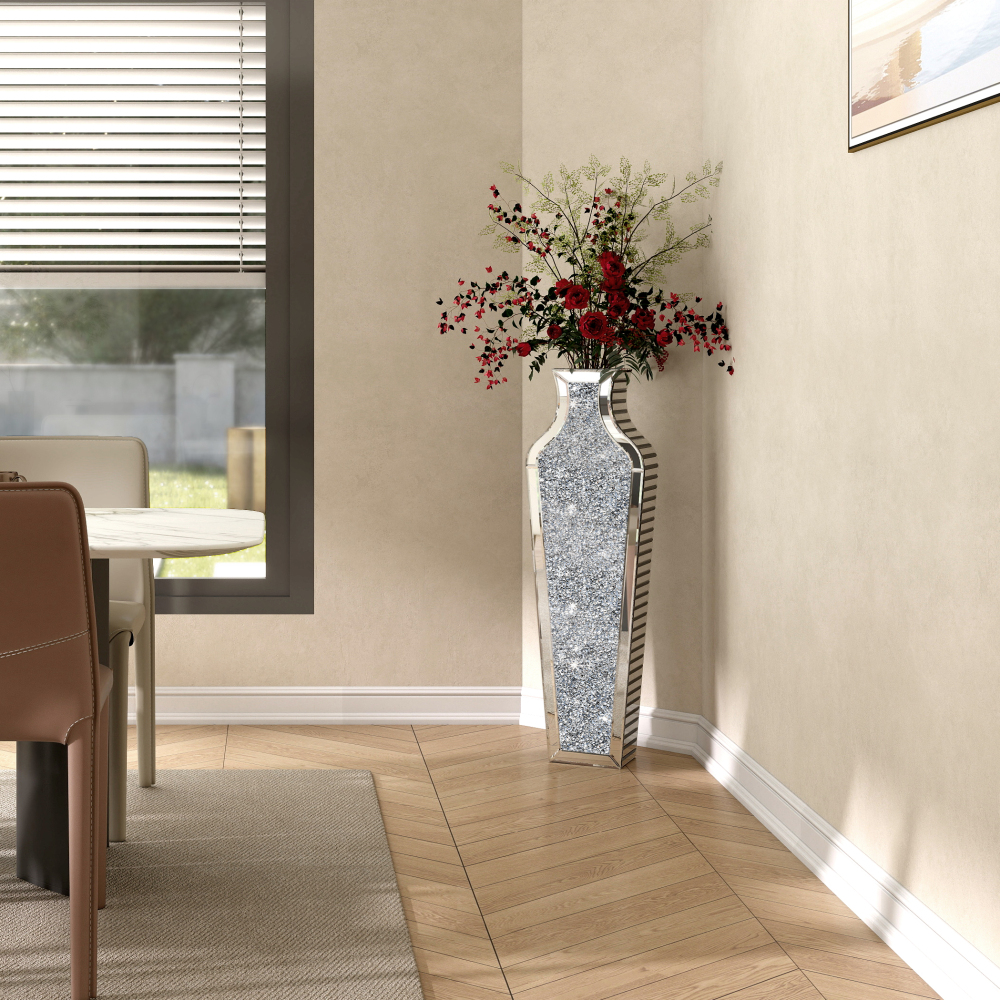 Crushed Diamond Floor Vase, Large Silver Mirror Tall Vases for Floor, Modern Luxury Glass Vases Home Decor for Living Room