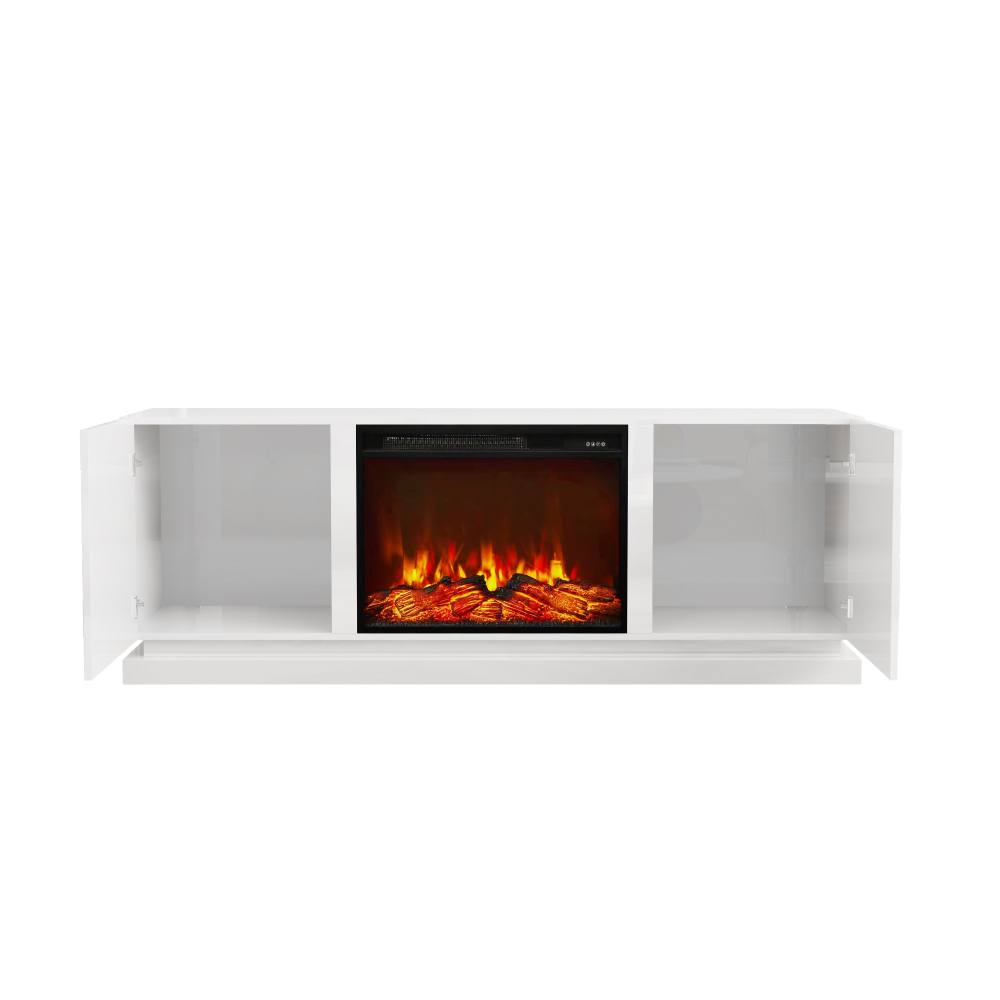 63" TV Stand with Electric Fireplace, Modern White High Gloss Entertainment Center with Brick Pattern Doors