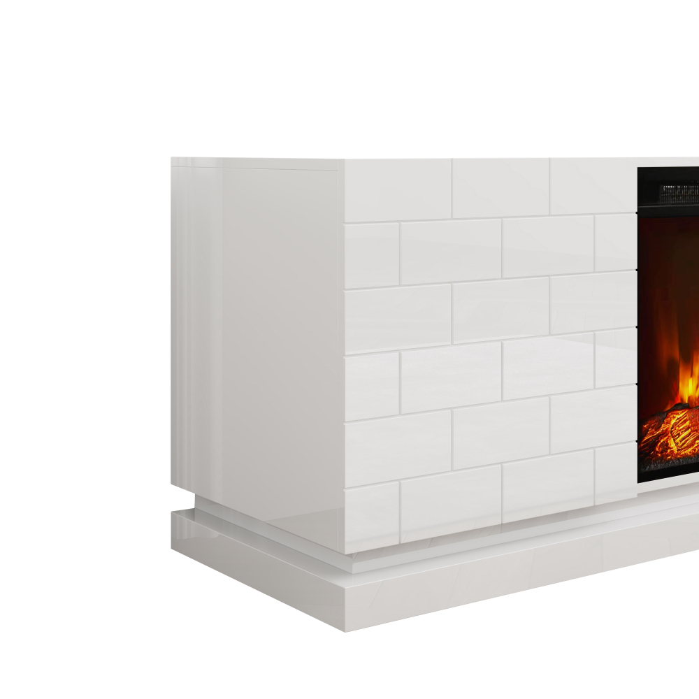 63" TV Stand with Electric Fireplace, Modern White High Gloss Entertainment Center with Brick Pattern Doors