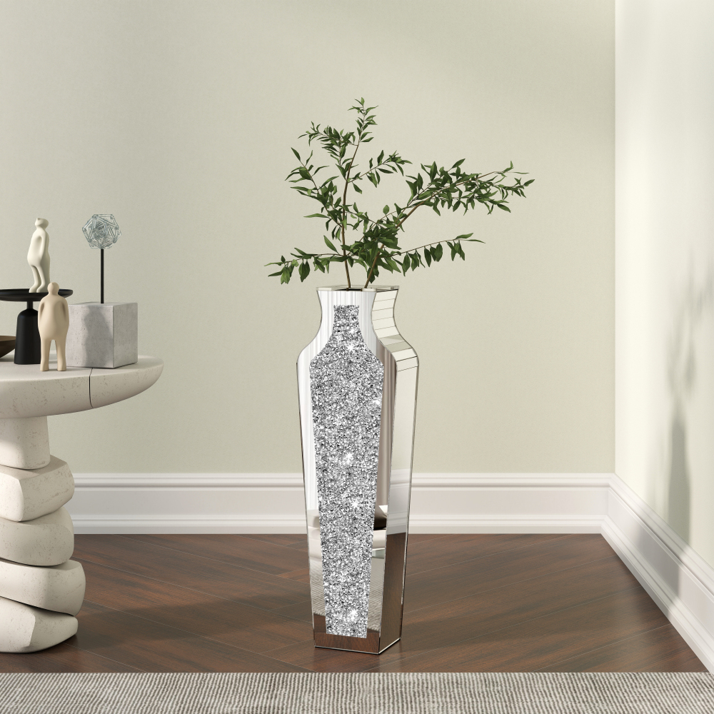 Crushed Diamond Floor Vase, Large Silver Mirror Tall Vases for Floor, Modern Luxury Glass Vases Home Decor for Living Room