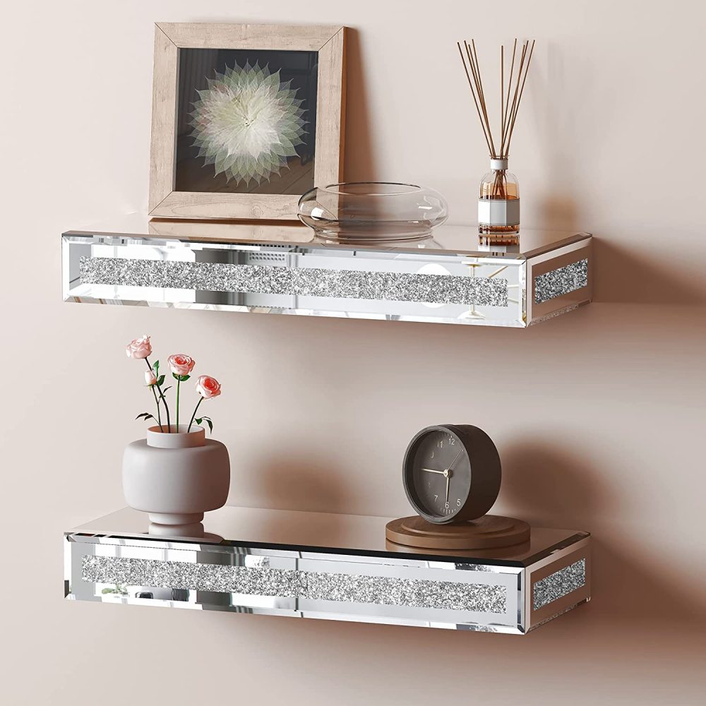Mirrored Floating Shelves Wall Mounted Set of 2, Glitter Glass Mirror Storage Wall Shelves