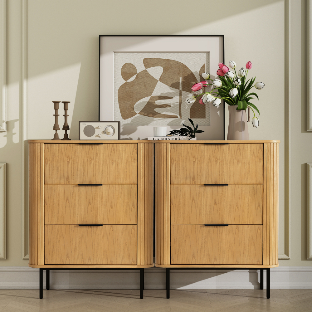 32" Large Fluted Nightstand, Solid Rubber Wood Veneer with 3 Large Storage Drawers