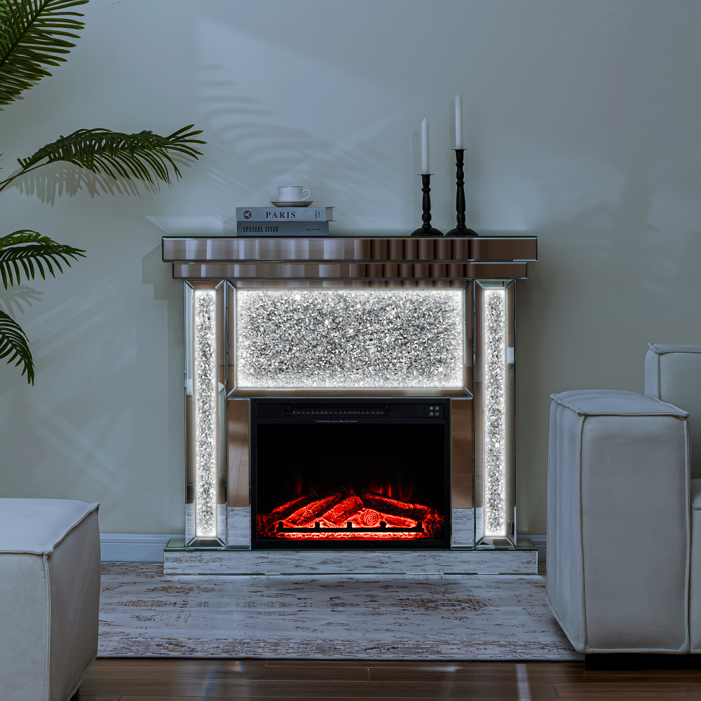 Electric Fireplace with Glass Mantel Surround, Crushed Diamonds inlay