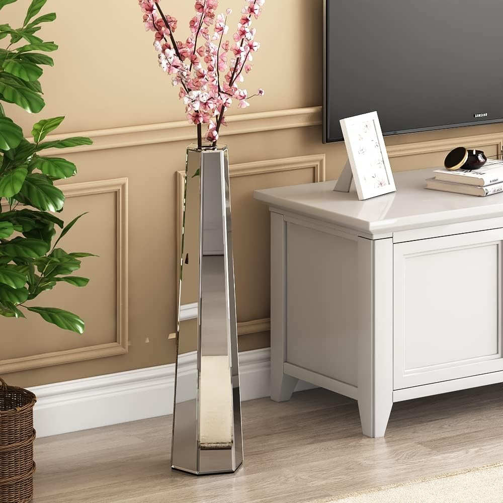 Tall Mirror Floor Vase, Silver Large Vases Sophisticated Vessel for Decorative Branches