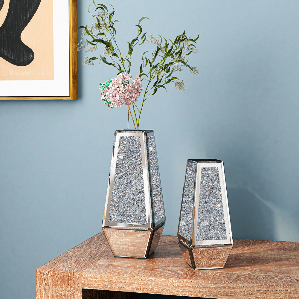 SHYFOY Crushed Diamond Mirrored Vases Set of 2, Silver Glass Flower Vases for Table - Can’t Hold Water Ornaments