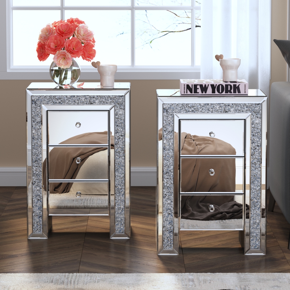 Mirrored Glass Nightstand with 3 Drawers, Crystal Handles, 27.16" H x 20.07" W x 13.78" D