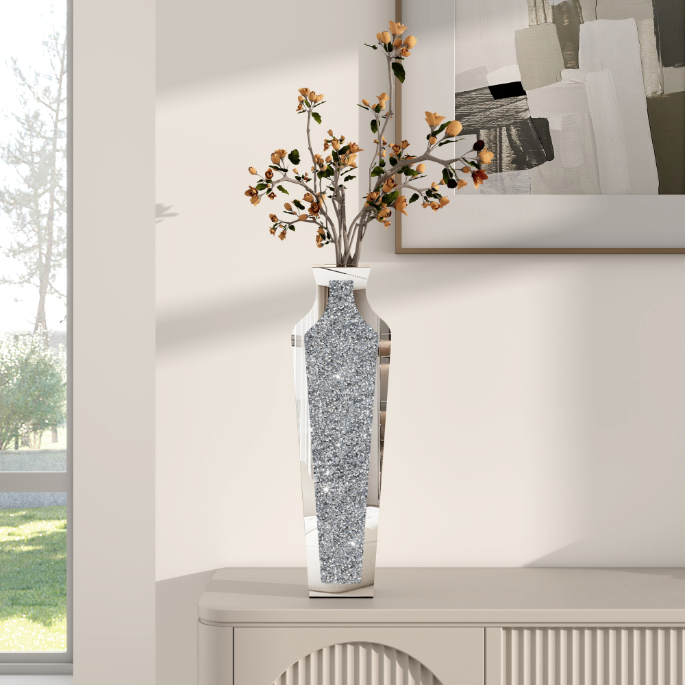 Crushed Diamond Floor Vase, Large Silver Mirror Tall Vases for Floor, Modern Luxury Glass Vases Home Decor for Living Room