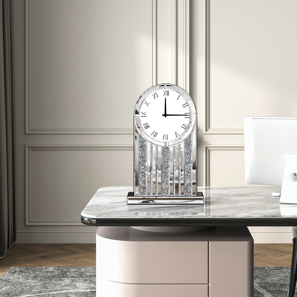 Luxury Mirrored Table Clock, 21.7 Inch Desk Clock with Crystal Accents, Silent Non-Ticking Decorative Desk Clock