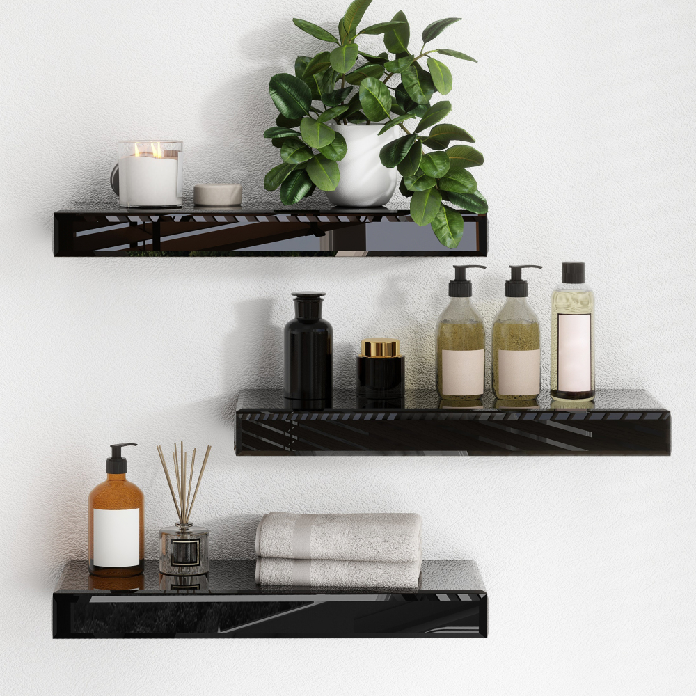 Mirrored Floating Shelves for Wall, Set of 3 Glass Wall Mounted Shelves for Bathroom Decor