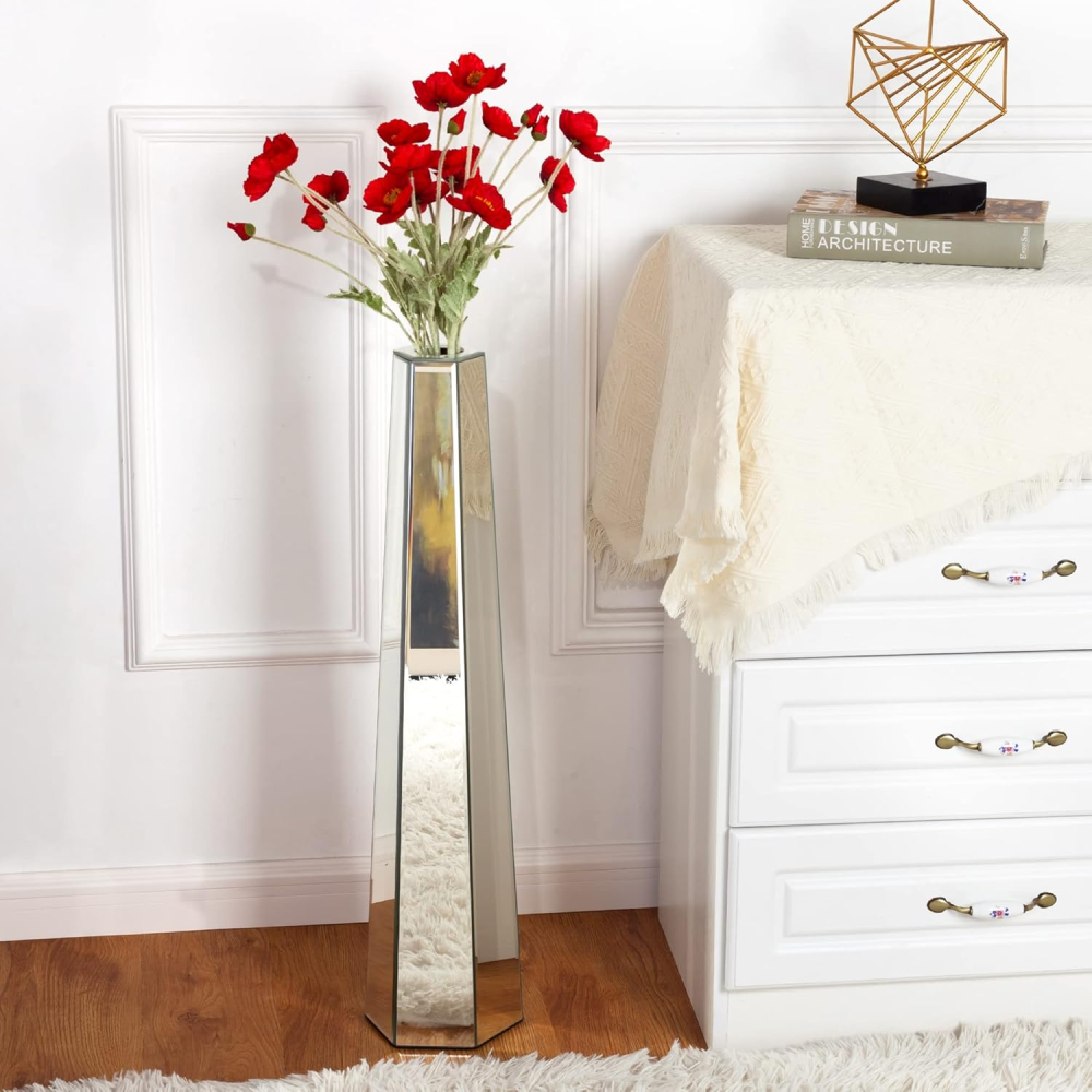 Tall Mirror Floor Vase, Silver Large Vases Sophisticated Vessel for Decorative Branches