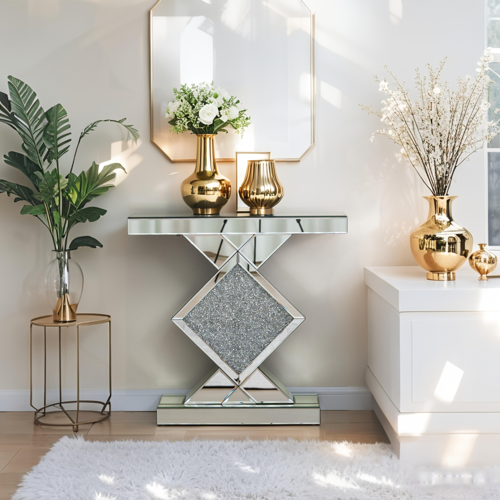 Console Table Mirrored, Silver Entryway Tables with Diamond Shaped Mirror Finished, 31.5'' Long Accent Narrow Table