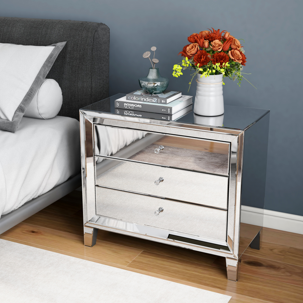 Mirrored Nightstand with 3 Drawers, Silver Glass Bedside Table with Crystal Handles