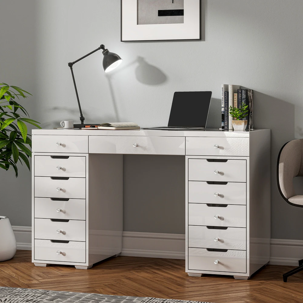 SHYFOY Glossy White Dressing Vanity Table Makeup Desk with 13-Drawer