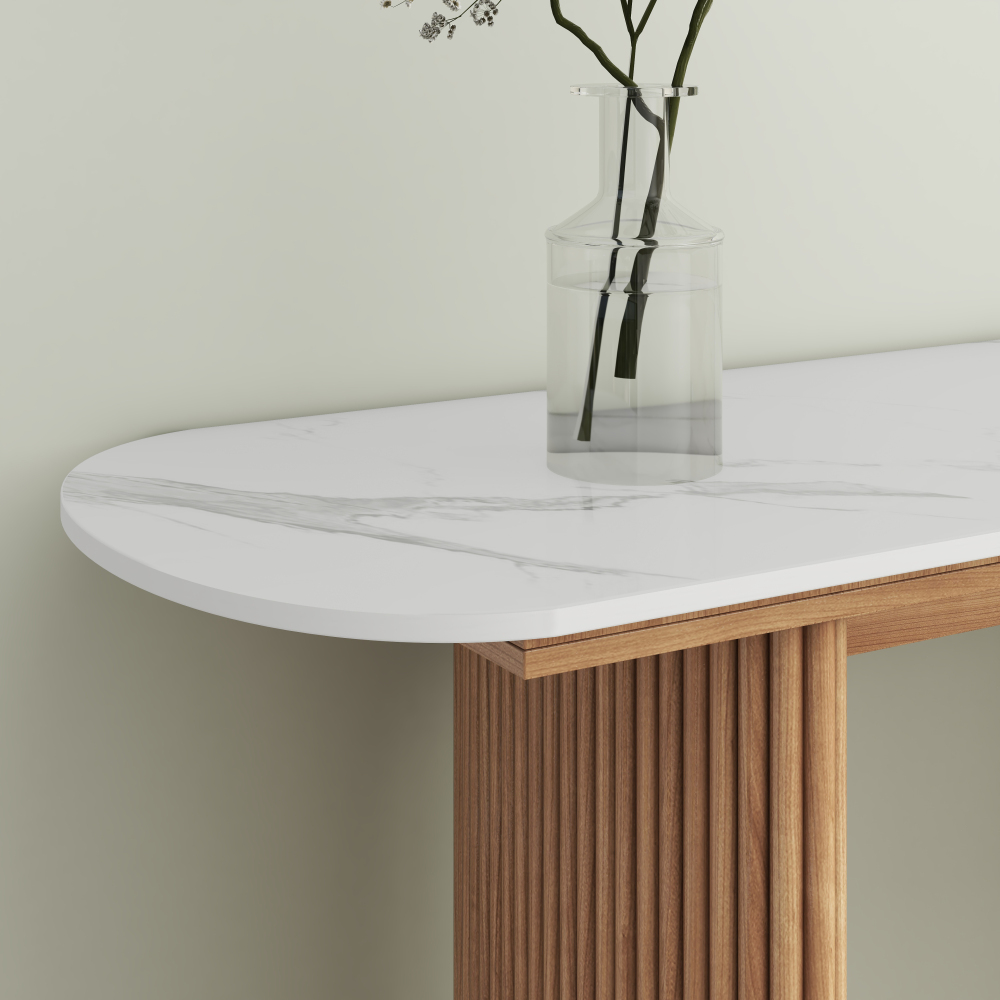 Natural  Marbled Wood Console Table Entryway Table with Fluted Base