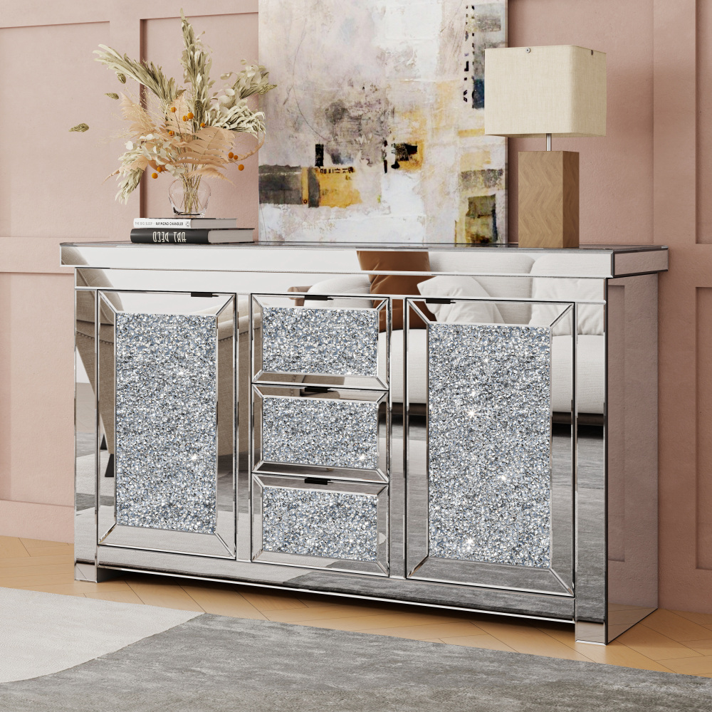 SHYFOY 57" Wide 3 Drawer Mirrored Glass Sideboard