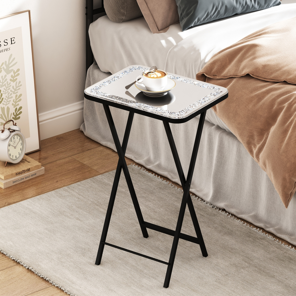 Mirrored End Table Crushed Diamond Folding TV Dinner Table Tray, Portable Sofa Side Table