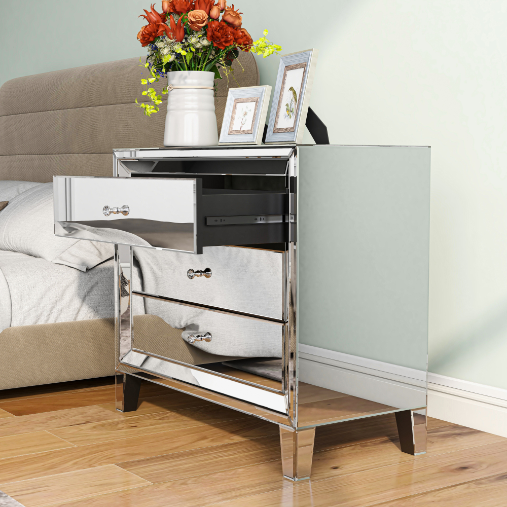 Mirrored Nightstand with 3 Drawers, Silver Glass Bedside Table with Crystal Handles