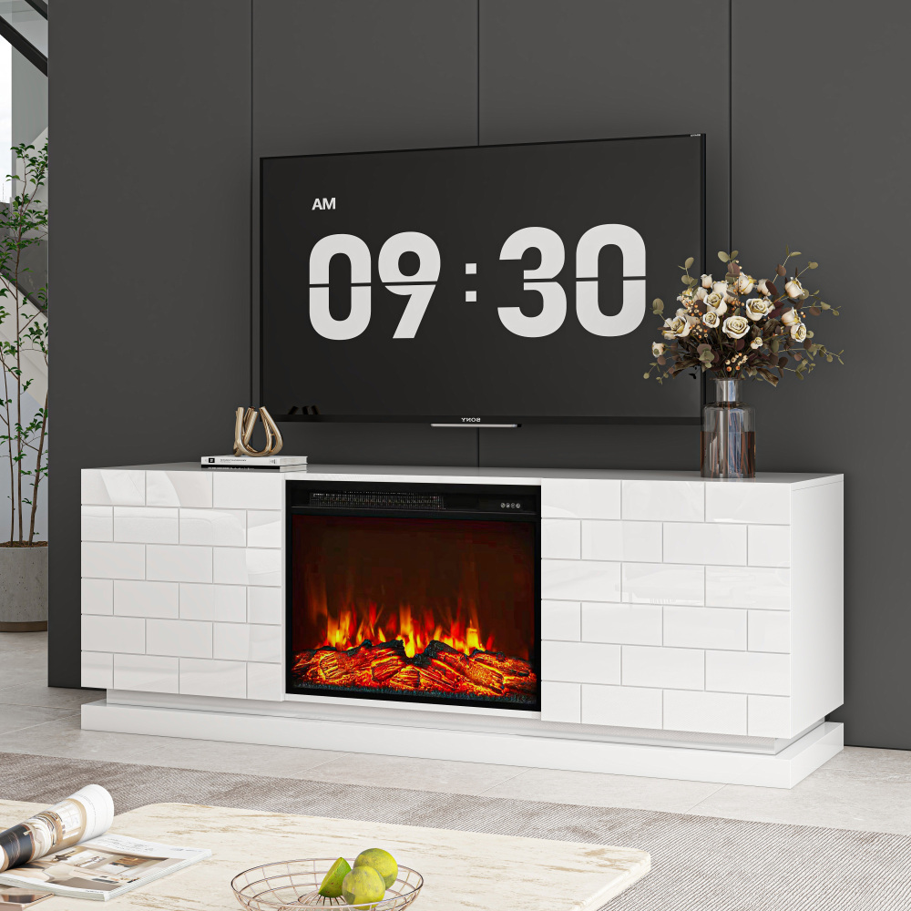 63" TV Stand with Electric Fireplace, Modern White High Gloss Entertainment Center with Brick Pattern Doors
