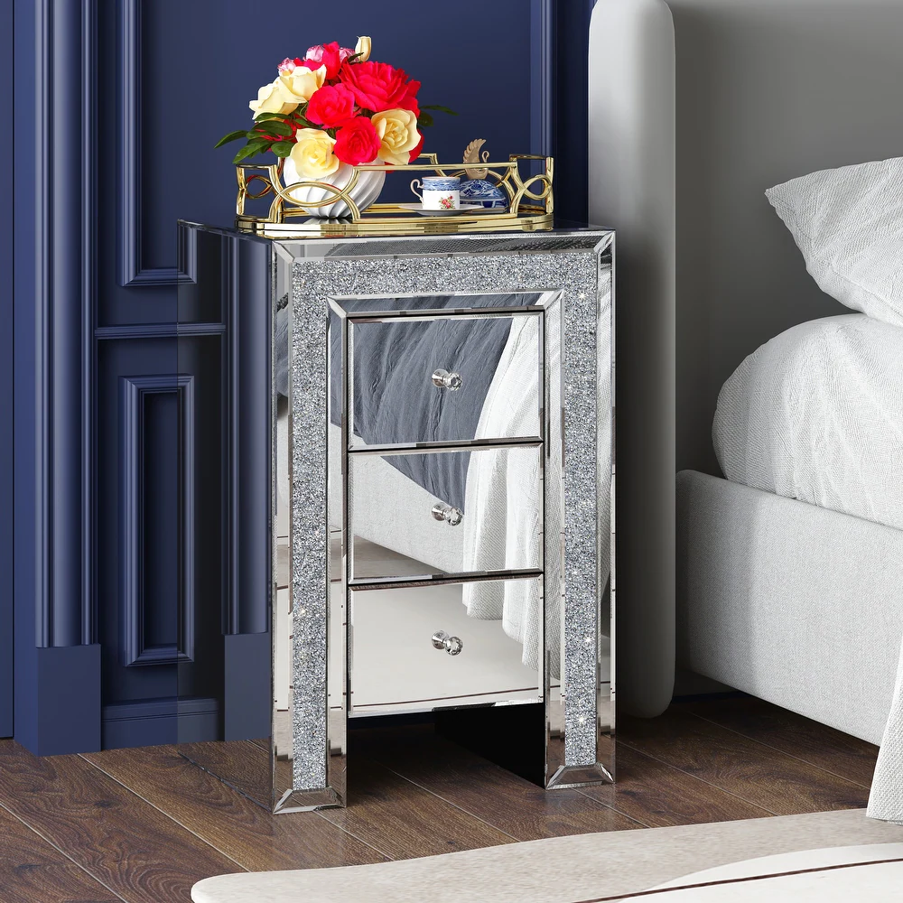 SHYFOY Crushed Diamond Mirrored Nightstand with 3 Drawers / SF-BT011