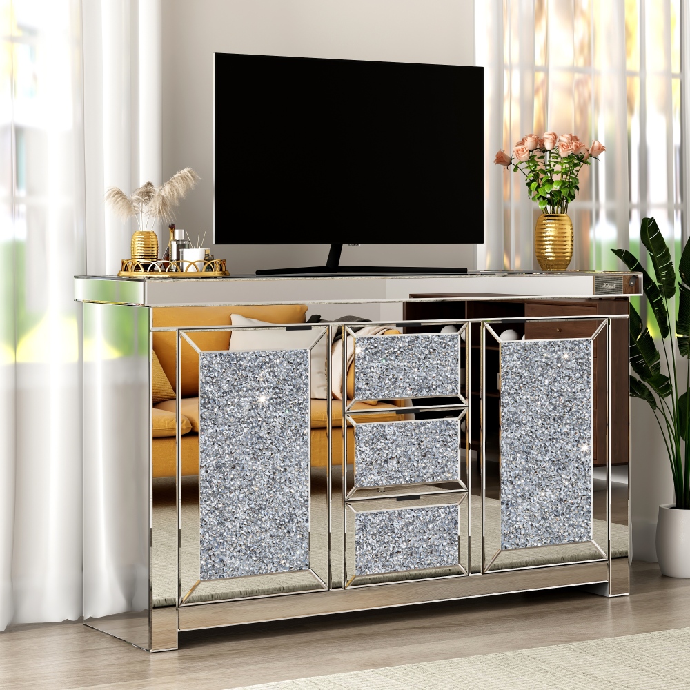 SHYFOY 57" Wide 3 Drawer Mirrored Glass Sideboard