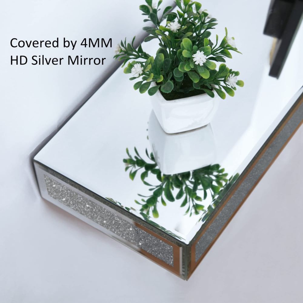 Mirrored Floating Shelves Wall Mounted Set of 2, Glitter Glass Mirror Storage Wall Shelves