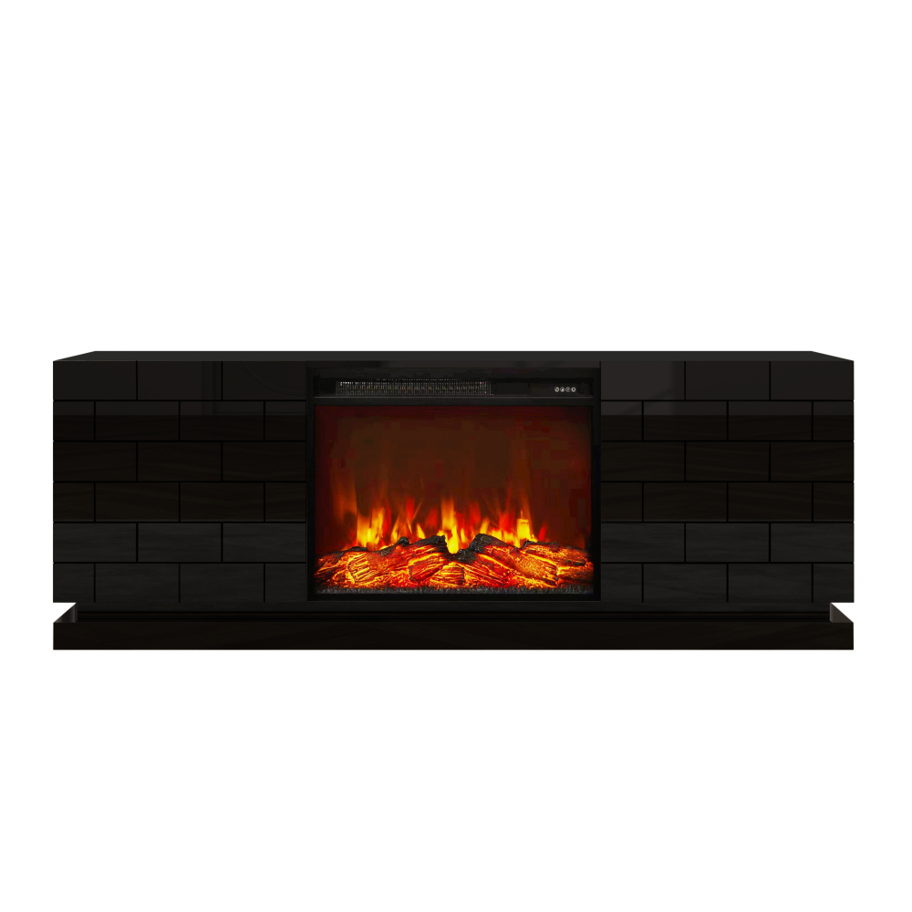 Modern TV Stand with Electric Fireplace, 63" High Gloss Black Entertainment Console with Brick Pattern Doors