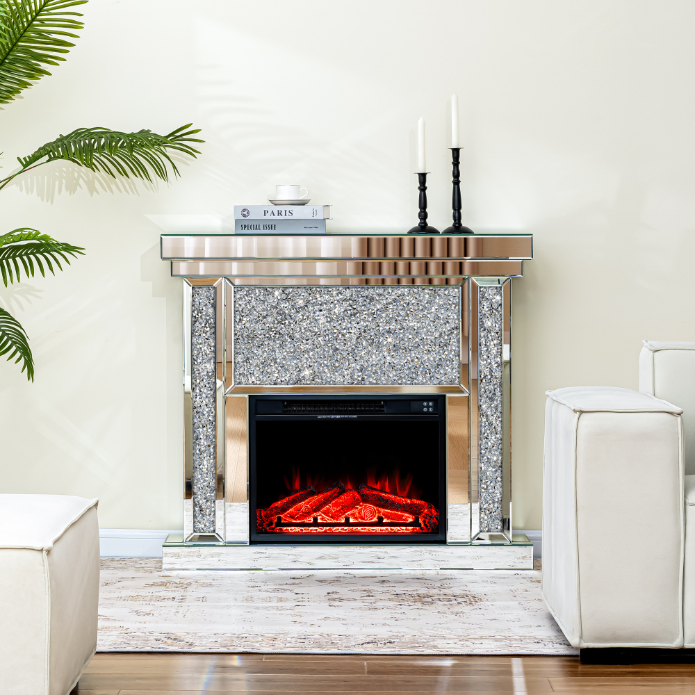 Electric Fireplace with Glass Mantel Surround, Crushed Diamonds inlay