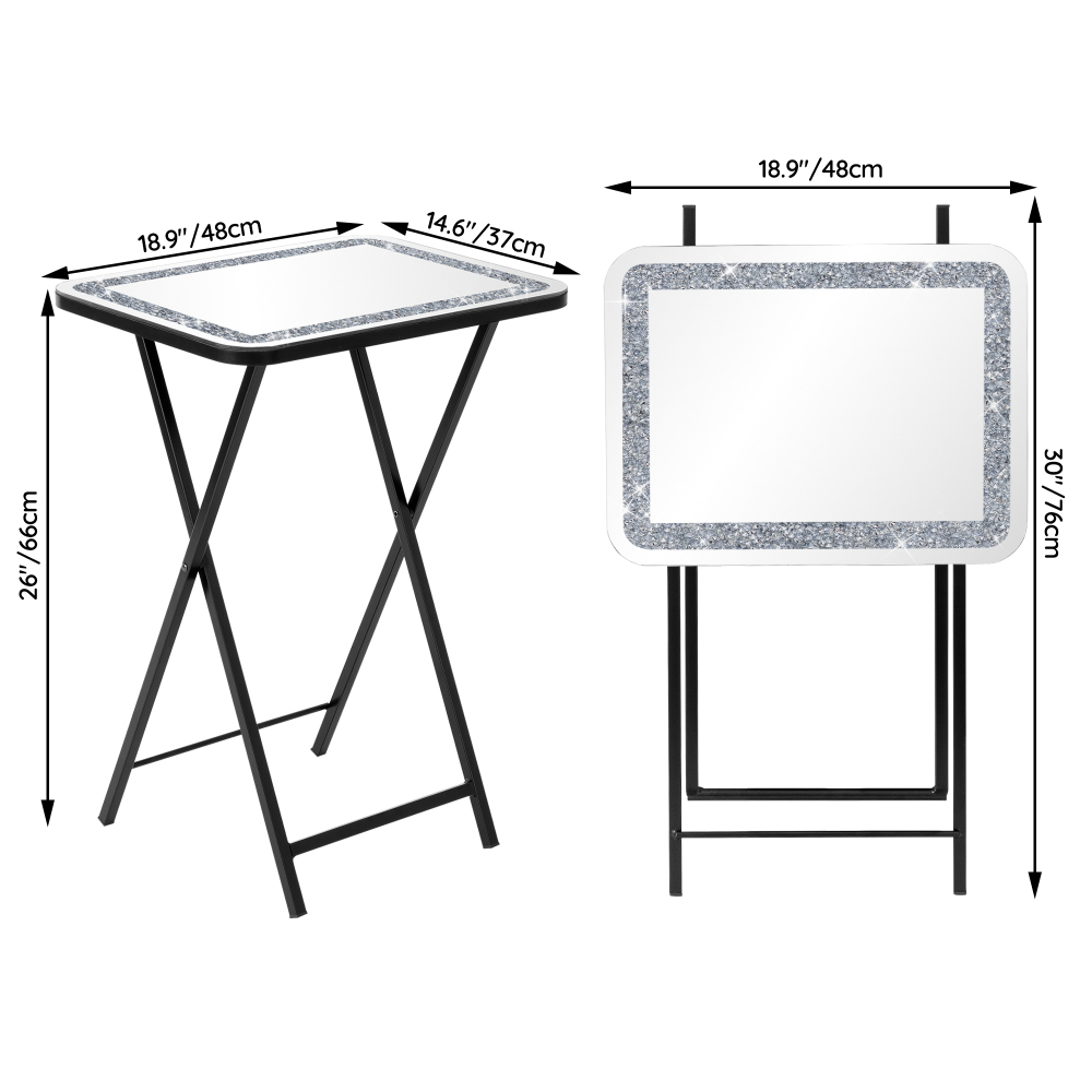 Mirrored End Table Crushed Diamond Folding TV Dinner Table Tray, Portable Sofa Side Table