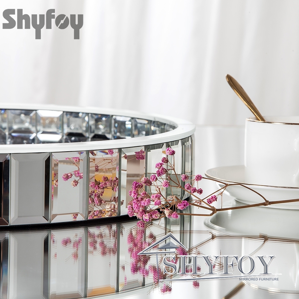 SHYFOY Luxury Round Glass Mirror Tray fills with Crushed Diamond| Bling Perfume Organizer for Dining room Table / SF-MP007