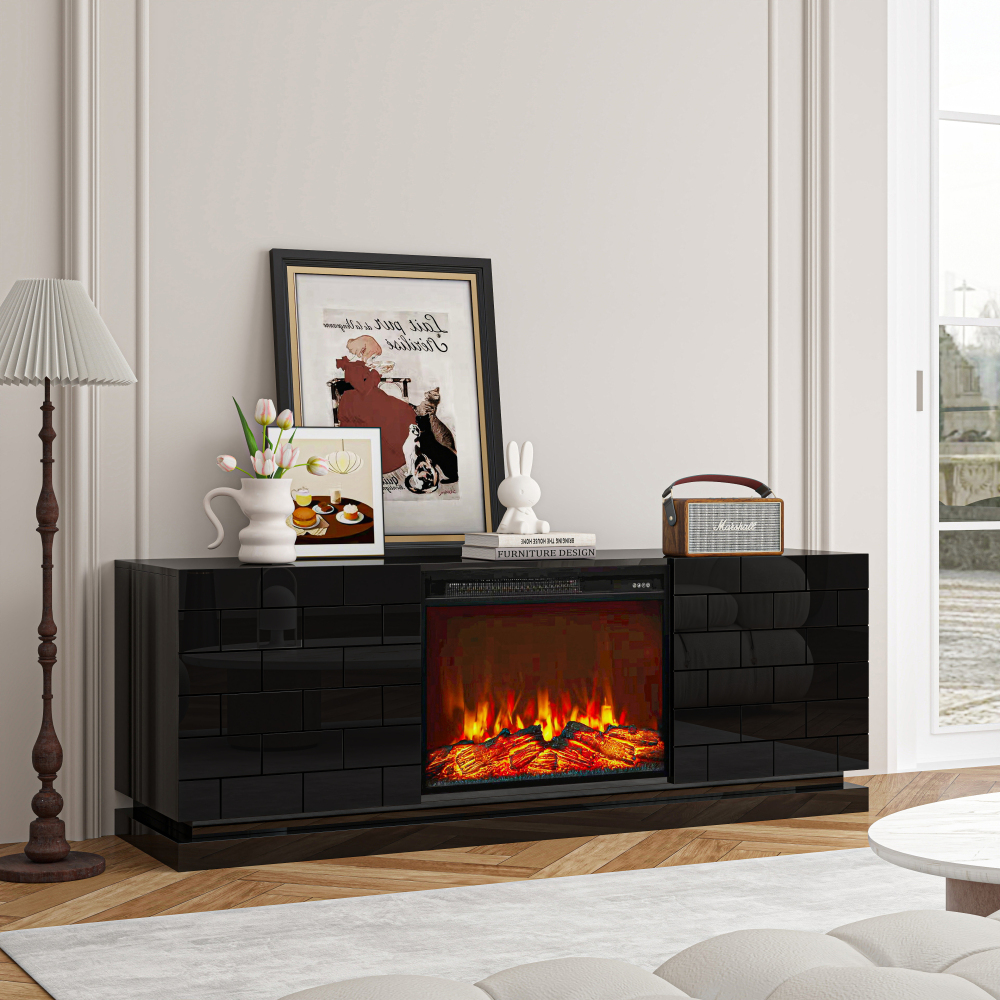 Modern TV Stand with Electric Fireplace, 63" High Gloss Black Entertainment Console with Brick Pattern Doors